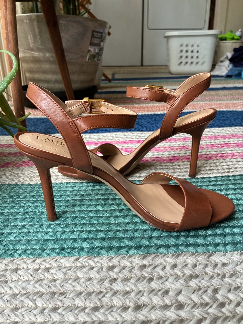 Lauren Ralph Lauren Tan Leather Ankle Strap Stiletto Heels Sandals 9.5B - Picture 1 of 4